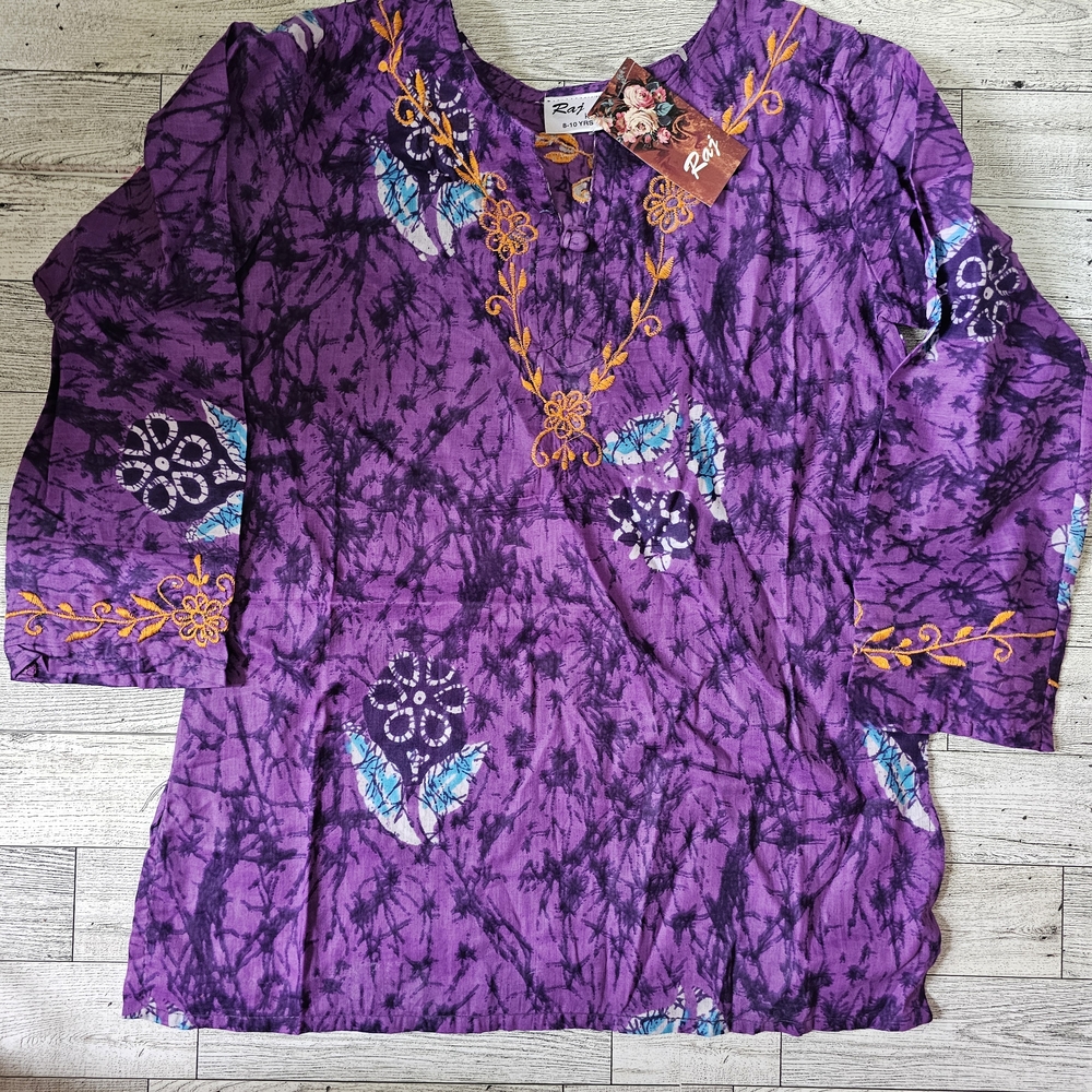 Raj Girls Tunic Size 8/10 Purple Hand Embroidered with 3/4 Sleeves